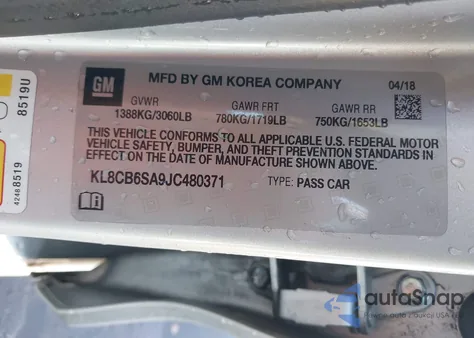 2018 Chevrolet Spark Ls Cvt из США, поврежденный, VIN KL8CB6SA9JC480371